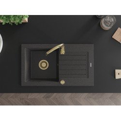 Mexen Pablo   Chiuveta bucatarie granit 1 cuva + picurator+ cadou pop up sifon   752 x 436 mm, negru  piatra, sifon  auriu  - 6510751010-76-G