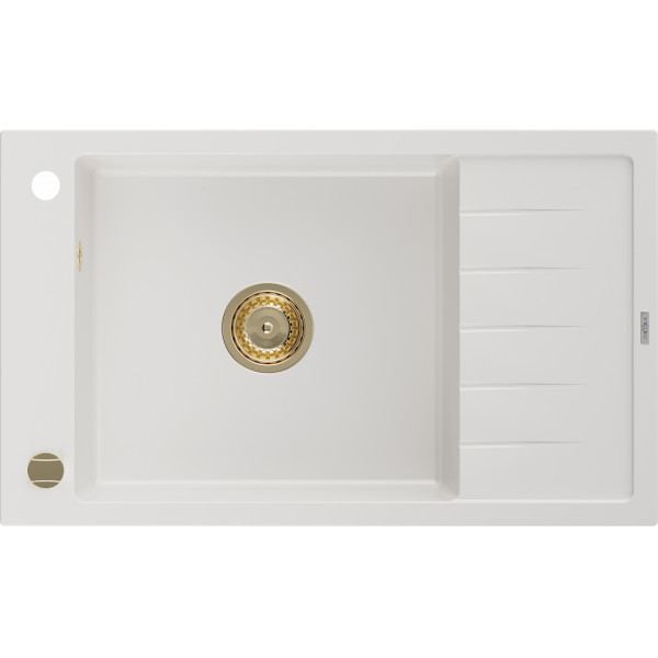 Mexen Elias   Chiuveta bucatarie granit 1 cuva + picurator+ cadou pop up sifon   795 x 480 mm, alb , sifon  auriu  - 6511791005-20-G