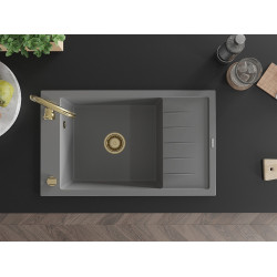 Mexen Elias   Chiuveta bucatarie granit 1 cuva + picurator+ cadou pop up sifon   795 x 480 mm, gri , sifon  auriu  - 6511791005-71-G