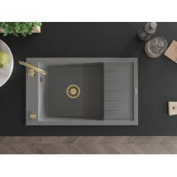Mexen Elias   Chiuveta bucatarie granit 1 cuva + picurator+ cadou pop up sifon   795 x 480 mm, gri , sifon  auriu  - 6511791005-71-G
