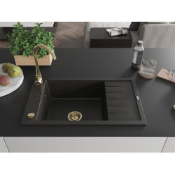 Mexen Elias   Chiuveta bucatarie granit 1 cuva + picurator+ cadou pop up sifon   795 x 480 mm, negru / auriu, sifon  auriu  - 6511791005-75-G