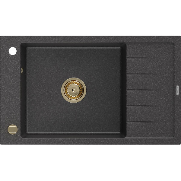Mexen Elias   Chiuveta bucatarie granit 1 cuva + picurator+ cadou pop up sifon   795 x 480 mm, negru  piatra, sifon  auriu  - 6511791005-76-G