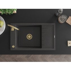 Mexen Elias   Chiuveta bucatarie granit 1 cuva + picurator+ cadou pop up sifon   795 x 480 mm, negru  piatra, sifon  auriu  - 6511791005-76-G