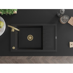 Mexen Elias   Chiuveta bucatarie granit 1 cuva + picurator+ cadou pop up sifon   795 x 480 mm, negru , sifon  auriu  - 6511791005-77-G