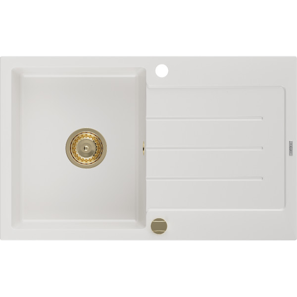 Mexen Bruno   Chiuveta bucatarie granit 1 cuva + picurator+ cadou pop up sifon   795 x 495 mm, alb , sifon  auriu  - 6513791010-20-G