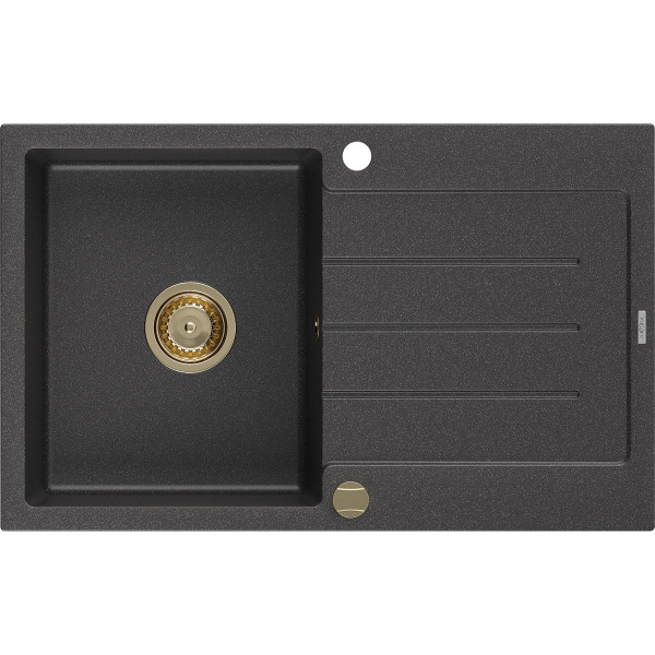 Mexen Bruno   Chiuveta bucatarie granit 1 cuva + picurator+ cadou pop up sifon   795 x 495 mm, negru  piatra, sifon  auriu  - 6513791010-76-G