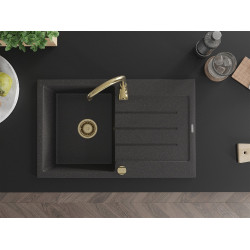 Mexen Bruno   Chiuveta bucatarie granit 1 cuva + picurator+ cadou pop up sifon   795 x 495 mm, negru  piatra, sifon  auriu  - 6513791010-76-G