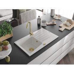 Mexen Cesar   Chiuveta bucatarie granit 1 cuva + picurator+ cadou pop up sifon   775 x 470 mm, alb , sifon  auriu  - 6514771010-20-G 1 Cuva 467680 Mexen