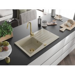 Mexen Cesar   Chiuveta bucatarie granit 1 cuva + picurator+ cadou pop up sifon   775 x 470 mm, beige, sifon  auriu  - 6514771010-69-G 1 Cuva 467680 Mexen