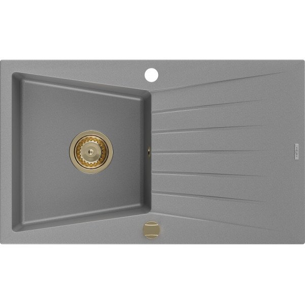 Mexen Cesar   Chiuveta bucatarie granit 1 cuva + picurator+ cadou pop up sifon   775 x 470 mm, gri , sifon  auriu  - 6514771010-71-G