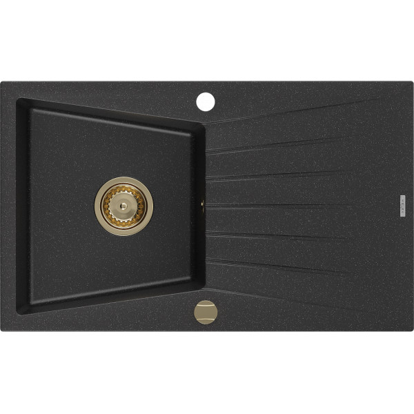 Mexen Cesar   Chiuveta bucatarie granit 1 cuva + picurator+ cadou pop up sifon   775 x 470 mm, negru / chrom, sifon  auriu  - 6514771010-73-G