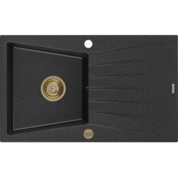 Mexen Cesar   Chiuveta bucatarie granit 1 cuva + picurator+ cadou pop up sifon   775 x 470 mm, negru / chrom, sifon  auriu  - 6514771010-73-G 1 Cuva 467680 Mexen
