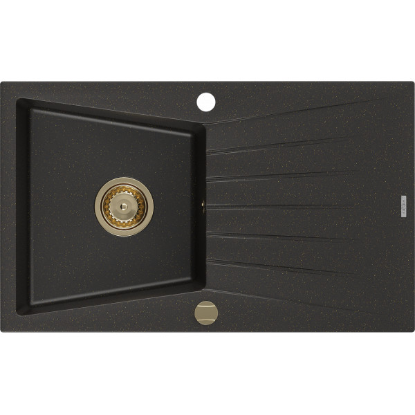 Mexen Cesar   Chiuveta bucatarie granit 1 cuva + picurator+ cadou pop up sifon   775 x 470 mm, negru / auriu, sifon  auriu  - 6514771010-75-G