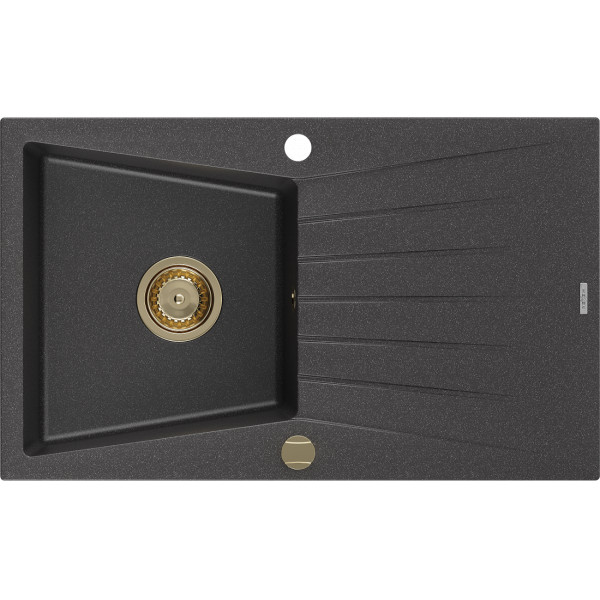 Mexen Cesar   Chiuveta bucatarie granit 1 cuva + picurator+ cadou pop up sifon   775 x 470 mm, negru  piatra, sifon  auriu  - 6514771010-76-G