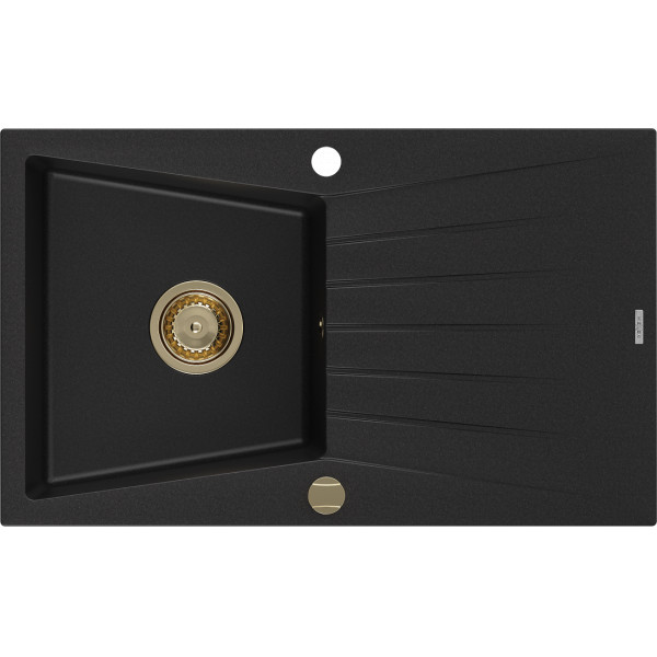 Mexen Cesar   Chiuveta bucatarie granit 1 cuva + picurator+ cadou pop up sifon   775 x 470 mm, negru , sifon  auriu  - 6514771010-77-G