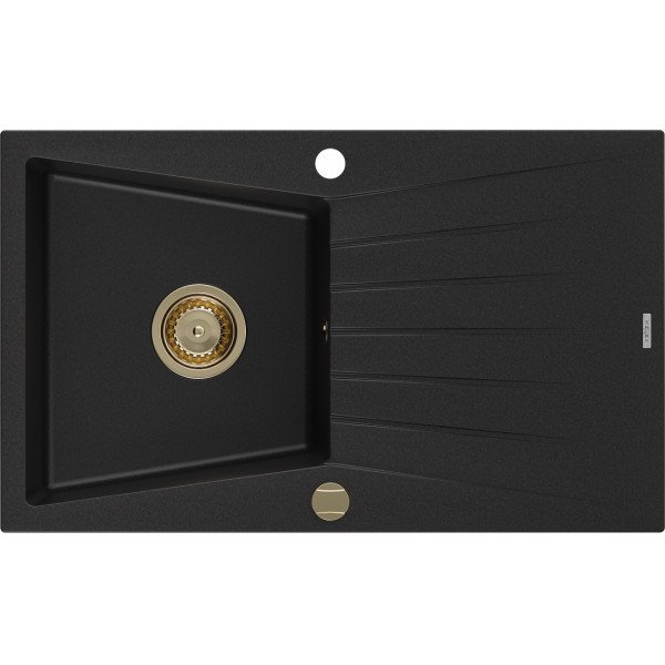 Mexen Cesar   Chiuveta bucatarie granit 1 cuva + picurator+ cadou pop up sifon   775 x 470 mm, negru , sifon  auriu  - 6514771010-77-G