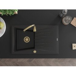 Mexen Cesar   Chiuveta bucatarie granit 1 cuva + picurator+ cadou pop up sifon   775 x 470 mm, negru , sifon  auriu  - 6514771010-77-G