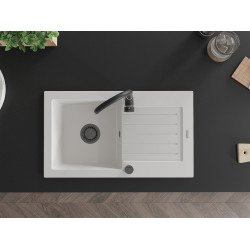 Mexen Pablo   Chiuveta bucatarie granit 1 cuva + picurator+ cadou pop up sifon   752 x 436 mm, alb , sifon  negru  - 6510751010-20-B