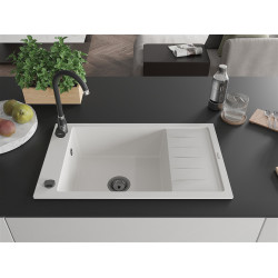 Mexen Elias   Chiuveta bucatarie granit 1 cuva + picurator+ cadou pop up sifon   795 x 480 mm, alb , sifon  negru  - 6511791005-20-B