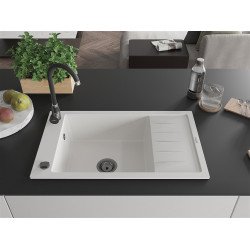 Mexen Elias   Chiuveta bucatarie granit 1 cuva + picurator+ cadou pop up sifon   795 x 480 mm, alb , sifon  negru  - 6511791005-20-B