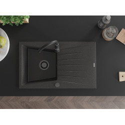 Mexen Cesar   Chiuveta bucatarie granit 1 cuva + picurator+ cadou pop up sifon   775 x 470 mm, negru  piatra, sifon  negru  - 6514771010-76-B