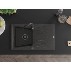 Mexen Cesar   Chiuveta bucatarie granit 1 cuva + picurator+ cadou pop up sifon   775 x 470 mm, negru  piatra, sifon  negru  - 6514771010-76-B