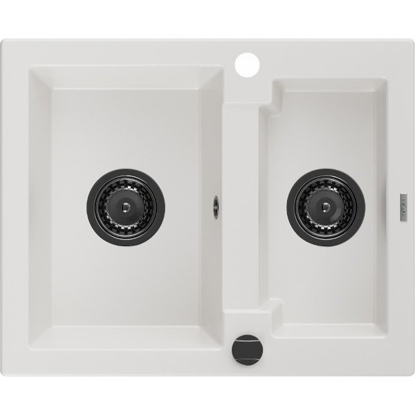 Mexen Carlos   Chiuveta bucatarie granit 1,5 cuva+ cadou pop up sifon  582 x 475 mm, alb , sifon  negru  - 6518581500-20-B