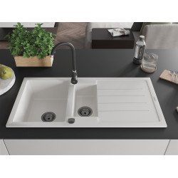 Mexen Andres   Chiuveta bucatarie granit 1,5 cuva + picurator+ cadou pop up sifon   1000 x 500 mm, alb , sifon  negru  - 6515101510-20-B