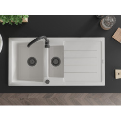 Mexen Andres   Chiuveta bucatarie granit 1,5 cuva + picurator+ cadou pop up sifon   1000 x 500 mm, alb , sifon  negru  - 6515101510-20-B