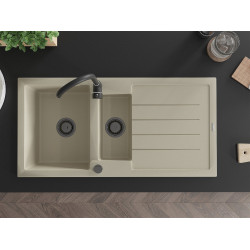 Mexen Andres   Chiuveta bucatarie granit 1,5 cuva + picurator+ cadou pop up sifon   1000 x 500 mm, beige, sifon  negru  - 6515101510-69-B