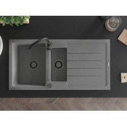 Mexen Andres   Chiuveta bucatarie granit 1,5 cuva + picurator+ cadou pop up sifon   1000 x 500 mm, gri , sifon  negru  - 6515101510-71-B