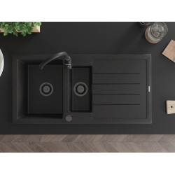 Mexen Andres   Chiuveta bucatarie granit 1,5 cuva + picurator+ cadou pop up sifon   1000 x 500 mm negru / chrom sifon  negru  - 6515101510-73-B