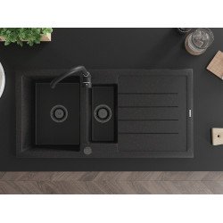 Mexen Andres   Chiuveta bucatarie granit 1,5 cuva + picurator+ cadou pop up sifon   1000 x 500 mm negru / chrom sifon  negru  - 6515101510-73-B