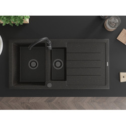 Mexen Andres   Chiuveta bucatarie granit 1,5 cuva + picurator+ cadou pop up sifon   1000 x 500 mm negru / auriu, sifon  negru  - 6515101510-75-B