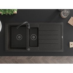 Mexen Andres   Chiuveta bucatarie granit 1,5 cuva + picurator+ cadou pop up sifon   1000 x 500 mm negru / auriu, sifon  negru  - 6515101510-75-B