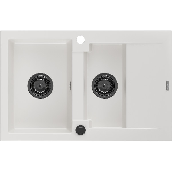 Mexen Gaspar   Chiuveta bucatarie granit 1,5 cuva + picurator+ cadou pop up sifon   737 x 475 mm, alb , sifon  negru  - 6507731505-20-B