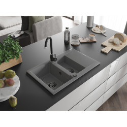 Mexen Gaspar   Chiuveta bucatarie granit 1,5 cuva + picurator+ cadou pop up sifon   737 x 475 mm, gri , sifon  negru  - 6507731505-71-B 1,5 Cuva 467680 Mexen