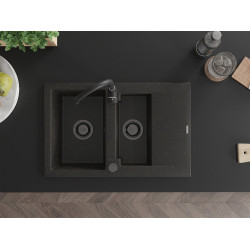 Mexen Gaspar   Chiuveta bucatarie granit 1,5 cuva + picurator+ cadou pop up sifon   737 x 475 mm, negru / auriu, sifon  negru  - 6507731505-75-B