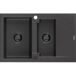 Mexen Gaspar   Chiuveta bucatarie granit 1,5 cuva + picurator+ cadou pop up sifon   737 x 475 mm, negru  piatra, sifon  negru  - 6507731505-76-B 1,5 Cuva 467680 Mexen