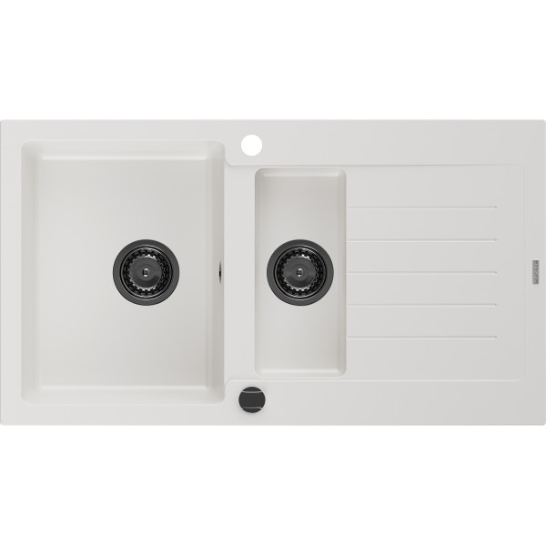 Mexen Matias   Chiuveta bucatarie granit 1,5 cuva + picurator+ cadou pop up sifon   900 x 505 mm, alb , sifon  negru  - 6502901505-20-B