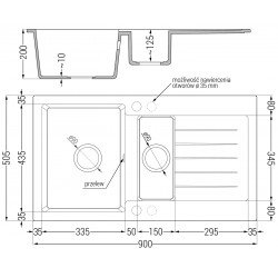 Mexen Matias   Chiuveta bucatarie granit 1,5 cuva + picurator+ cadou pop up sifon   900 x 505 mm, alb , sifon  negru  - 6502901505-20-B