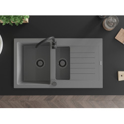 Mexen Matias  Chiuveta bucatarie granit 1,5 cuva + picurator+ cadou pop up sifon 900 x 505 mm, gri , sifon  negru  - 6502901505-71-B