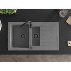 Mexen Matias  Chiuveta bucatarie granit 1,5 cuva + picurator+ cadou pop up sifon 900 x 505 mm, gri , sifon  negru  - 6502901505-71-B