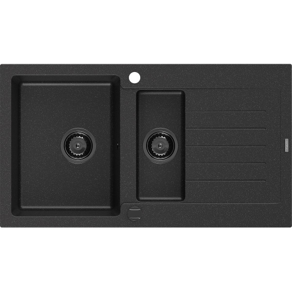 Mexen Matias   Chiuveta bucatarie granit 1,5 cuva + picurator+ cadou pop up sifon   900 x 505 mm negru / chrom, sifon  negru  - 6502901505-73-B