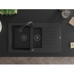 Mexen Matias   Chiuveta bucatarie granit 1,5 cuva + picurator+ cadou pop up sifon   900 x 505 mm negru / chrom, sifon  negru  - 6502901505-73-B