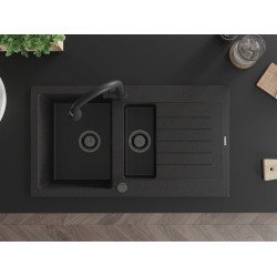 Mexen Matias   Chiuveta bucatarie granit 1,5 cuva + picurator+ cadou pop up sifon   900 x 505 mm negru / chrom, sifon  negru  - 6502901505-73-B