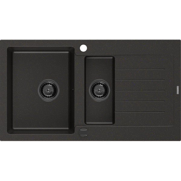 Mexen Matias   Chiuveta bucatarie granit 1,5 cuva + picurator+ cadou pop up sifon   900 x 505 mm, negru / auriu, sifon  negru  - 6502901505-75-B