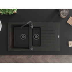 Mexen Matias   Chiuveta bucatarie granit 1,5 cuva + picurator+ cadou pop up sifon   900 x 505 mm, negru / auriu, sifon  negru  - 6502901505-75-B
