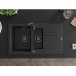 Mexen Matias   Chiuveta bucatarie granit 1,5 cuva + picurator+ cadou pop up sifon   900 x 505 mm, negru / auriu, sifon  negru  - 6502901505-75-B