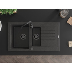 Mexen Matias   Chiuveta bucatarie granit 1,5 cuva + picurator+ cadou pop up sifon   900 x 505 mm, negru  piatra, sifon  negru  - 6502901505-76-B
